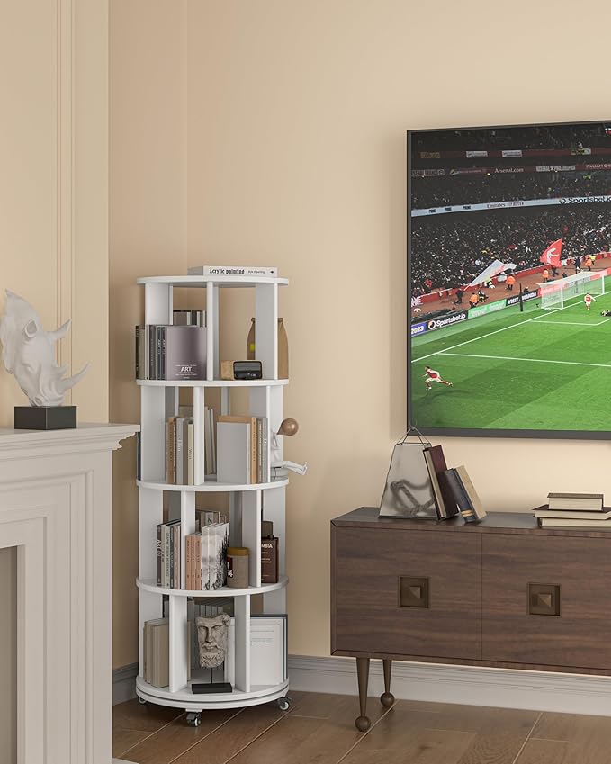 4-Tier Solid Wood Rotating Bookshelf on Wheels, 360° Spinning Book Shelf Tower, Round Revolving Bookcase Organizer, Rolling Bookshelves for Small Spaces, Corner, Bedroom, Kids Room, Office, White