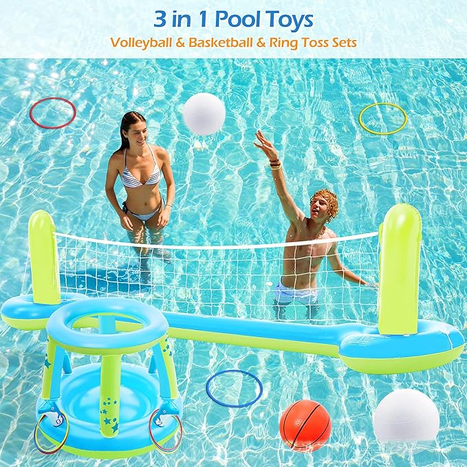 Jasonwell Pool Toys Games Set - 3 in 1 Pool Volleyball Net Basketball Hoop Ring Toss Game Inflatable Floats Water Floating Volleyball Swimming Pools Party Game Accessories Toy Gift Kids Teens Adults