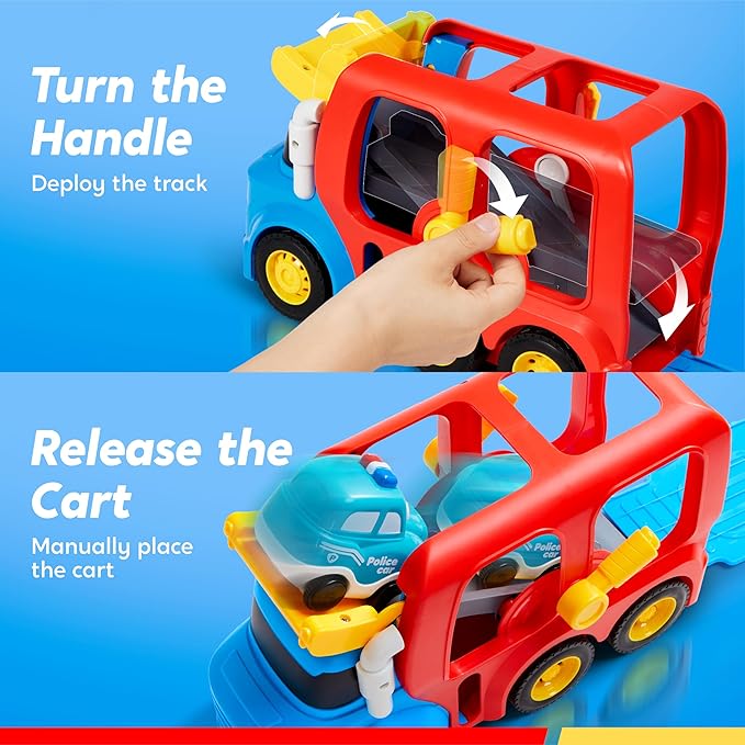 Toddler Truck Toys for Age 2-4, Carrier Transport Trucks for Kids 2 3 4 5 Year Old Boy, 4 Pack Car Toys Including School Bus, Taxi, Fire Engine and Police Car, Christmas Birthday Gift