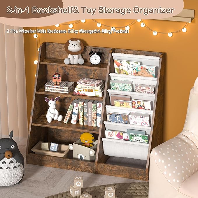 Kids Bookshelf for Bedroom Toddler Children Baby Bookcase 4-Tier for Nursery Book Toy Storage Organizer 5 Sling Book Display Shelf Book Rack Wood Classroom Playroom Rustic Brown