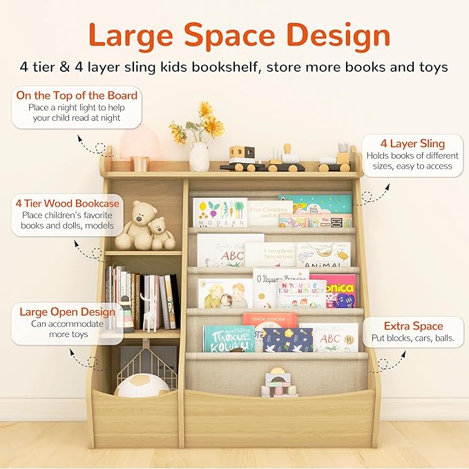 FKWin Bookshelf for Kids Room - 4 Tier Toddler Book Shelf with 5 Sling Pockets，Deer Design Nursery Storage Organizer for Books Nature