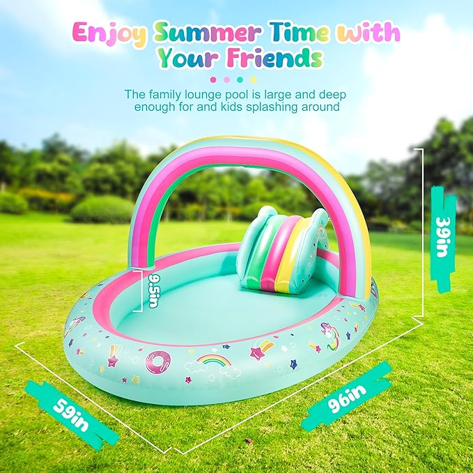 SULIFEEL Rainbow Unicorn Inflatable Play Center Kiddie Pool with Slide and Sprinkler for Children, 96''x59''x39''in Baby Pool for Backyard and Garden, Free Inflatable Pump