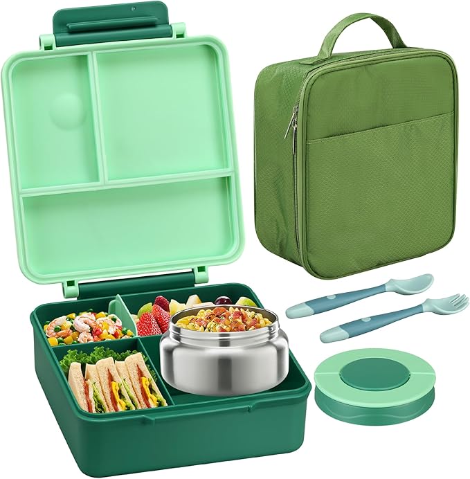 Itslife Bento Lunch Box for Kids with 8oz Soup Thermo&Lunch Bag, Leak-Proof Lunch Food Containers with 4 Compartment, Hot Food Insulated Food Jar for Kids School (Green)