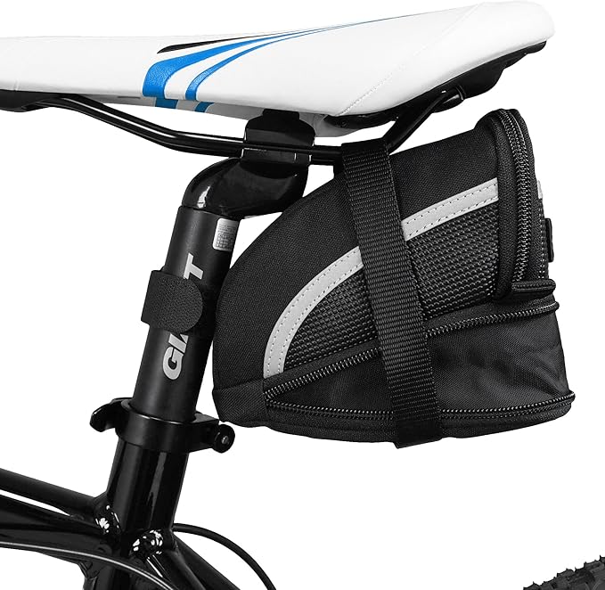 BV Strap-On Bike Bag with Reflective Material - Capacious Saddle Bag with Seperate Divider for Small Items & Room for All Your Essentials - Bike Pouch with Taillight Hanger for Maximum Safety