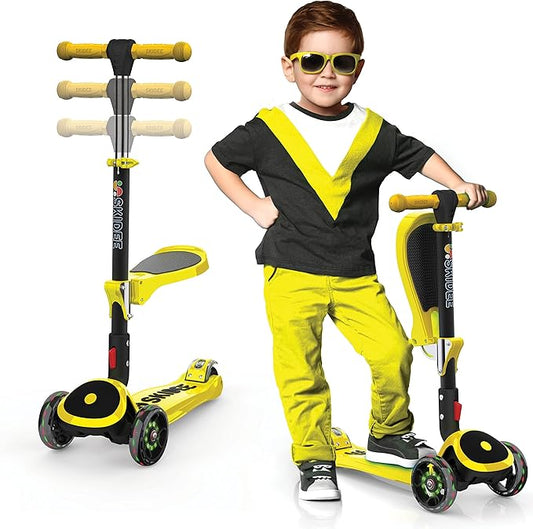 SKIDEE Kick Scooters for Kids Ages 3-5, Adjustable Height Foldable Scooter with Removable Seat, 3 LED Light Wheels, Rear Brake, Wide Standing Board, Suitable Up to 12 Year Old Boys/Girls