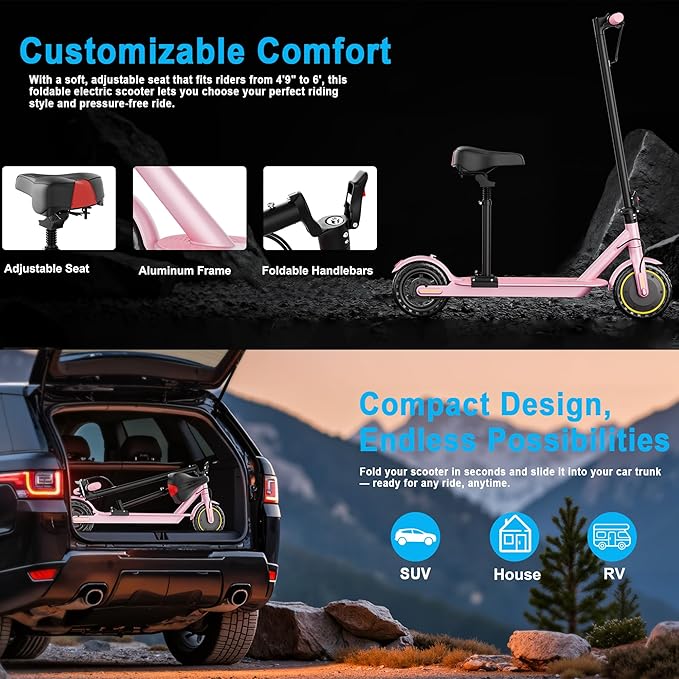 Electric Scooter, Folding E Scooter for Adults with Seat, 350W Motor, 8.5" Tire, 19MPH, 21Mile Long Range Lightweight Teens Commuting Sit Down Escooter with App, Bluetooth, Dual Brake (Seat Optional)