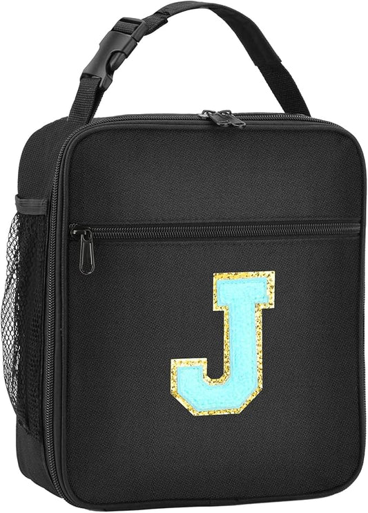 Initial Insulated Lunch Bag, Lunch Box with Initial Letter Patch for Teen Adult, Reusable Lunch Bag for Men Women, Ideal Back to School Gift Birthday Gift, Blue J