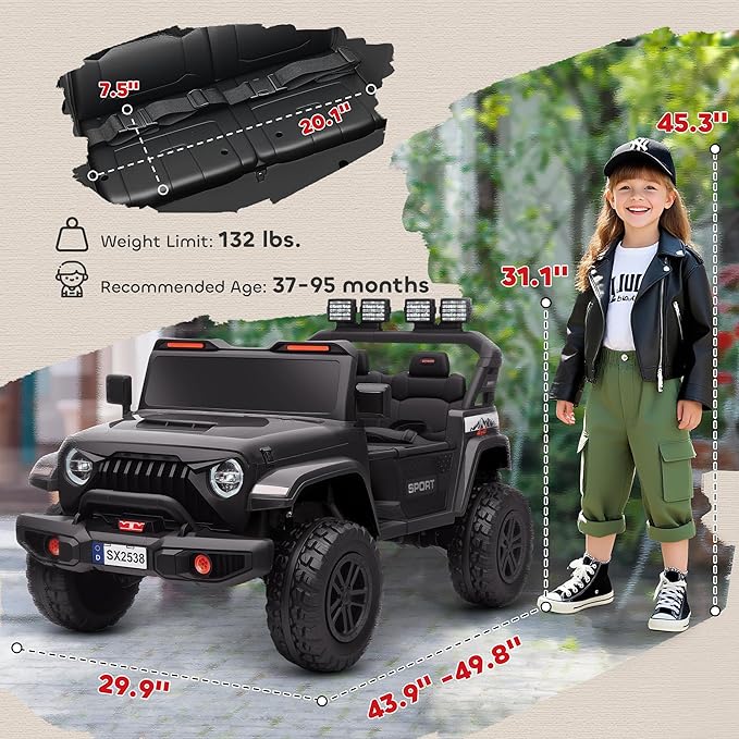Qaba 24V 2-Seater Kids Ride on Truck Car, 44-50" L Adjustable 4WD Electric Car, 5 MPH Max Speed, Remote Control, Spring Suspension, Storage and LED Lights for Kids Ages 37-95 Months, Black