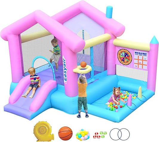 Inflatable Bounce House for Kids 3-10, 123" L x 110" Bouncy Castle, Jumping, Slide, Basketball Hoop, Ball Pits, Rings, Target Game Blower Included