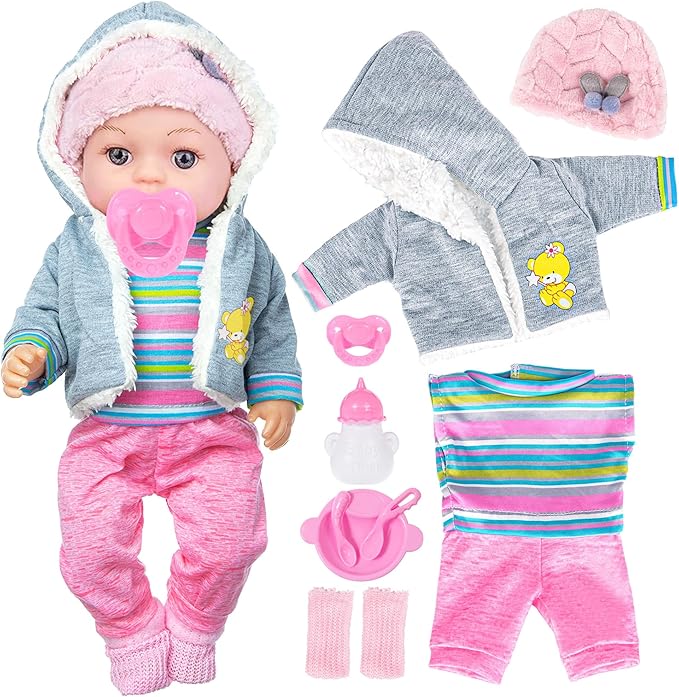 12 Inch Baby Doll - 12" Lifelike Baby Doll with 3-Piece Outfits, 4 Accessories & Feeding Playset - Realistic Rosy Cheeks & Blue Eyes, for Kids