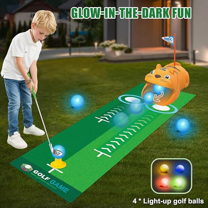 Fistone Kids Toy Golf Set, with Automatic Golf Returner, Golf Balls, Clubs, Putting Mat, Indoor Outdoor Sports Toy Birthday Gift