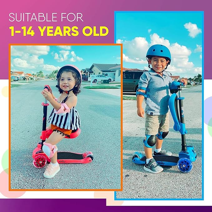 Hurtle 3-Wheeled Scooter for Kids - Wheel LED Lights, Adjustable Lean-to-Steer Handlebar, and Foldable Seat - Sit or Stand Ride with Brake for Boys and Girls Ages 1-14 Years Old