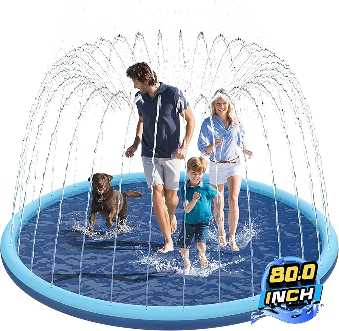 Non-Slip Splash Pad for Kids and Dog, 80" Extra Large Baby Play Mat, Dog Pool Toys, Thicken Sprinkler Pool Summer Outdoor Water Toys for Ages 3-12 Boys Girls, Parent-Kids &Games Fun Backyard (Blue)