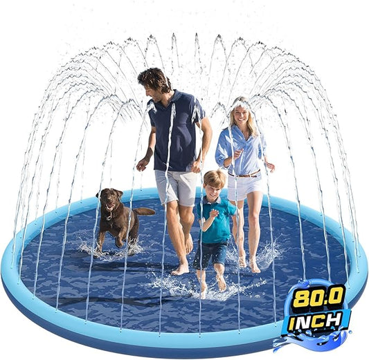 Non-Slip Splash Pad for Kids and Dog, 80" Extra Large Baby Play Mat, Dog Pool Toys, Thicken Sprinkler Pool Summer Outdoor Water Toys for Ages 3-12 Boys Girls, Parent-Kids &Games Fun Backyard (Blue)