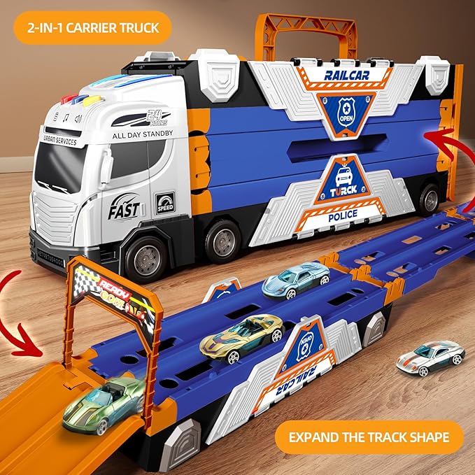 65-Inch Race Car Tracks and 20 Car Toys for Kids Boys Toddlers, Boy Toddler Toys Trucks for 3 4 5 6 7 8 Years Old Kids with Lights Sounds, Truck Toys Gift for 3 4 5 6 7 8 Years Old Boys Girls