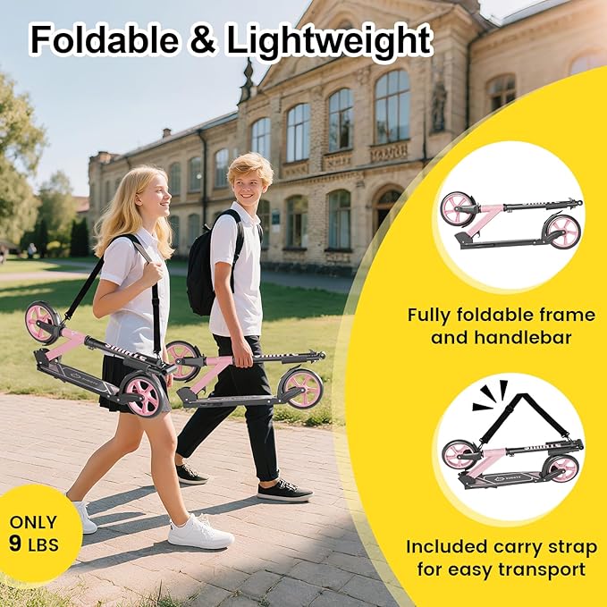 SIMATE Kick Scooter for Kids Teens & Adults, 4 Adjustable Heights, 8IN All Terrain Big Wheels, Foldable and Lightweight, Gifts for Girls Boys