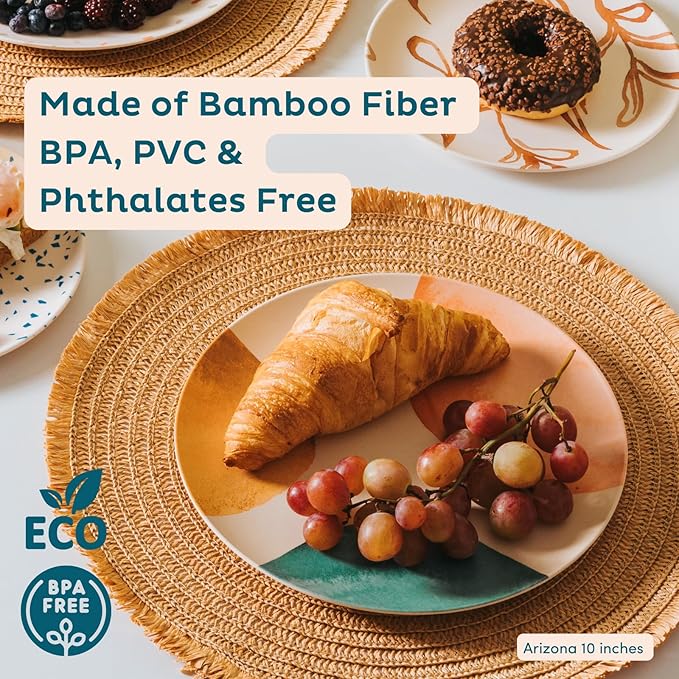 Nook Theory 4 Pack Reusable Bamboo Plates - Non-Toxic Toddler and Kids Plate, Dishwasher Safe, Not Microwavable Dinnerware (Arizona 10")