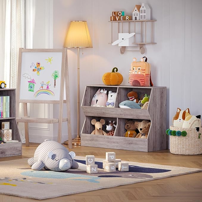 DINZI LVJ Kids Bookshelf, Toy Storage Organizer, Wooden Toy Storage Cabinet, 4 Cubby Children Bookcase, 39.4" L Toddler Book Shelf for Bedroom, Nursery, Hallway, School, Greige