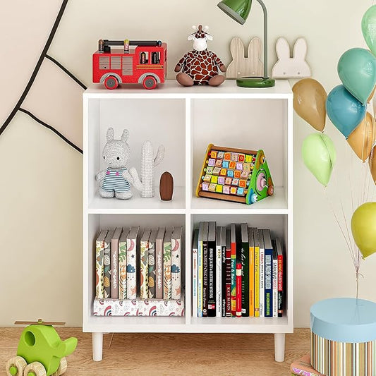 4 Cube Storage Organizer |Cubby Shelf | Small Book case |Small White Bookshelf| -Cubic Storage Cabinet（Storing Books,Toys & More Easy to Install）