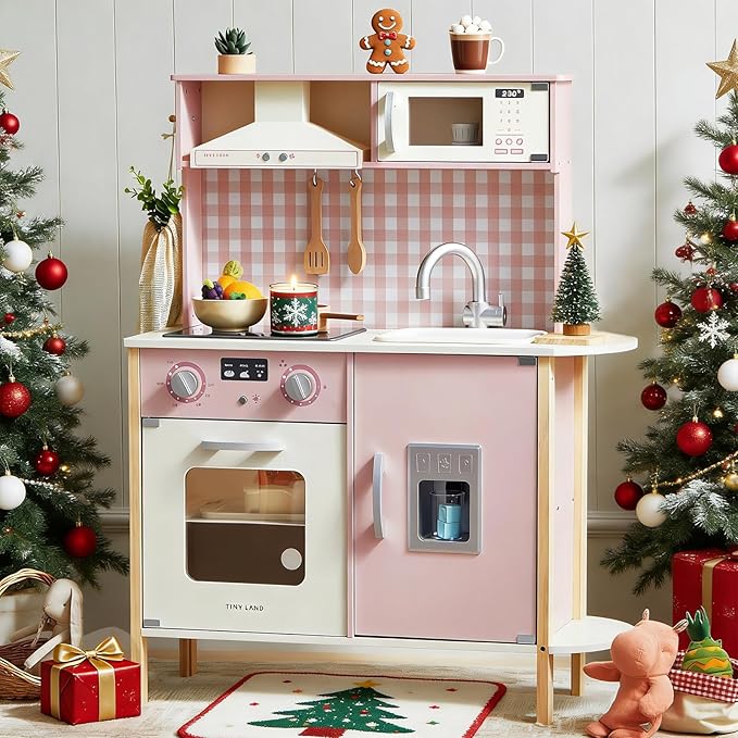 Tiny Land Play Kitchen for Kids, Wooden Kids Play Kitchen Playset Chef Pretend Play Set for Toddlers with Real Lights & Sounds, Toys Kitchen with 18 Pcs Toy Food & Cookware Accessories