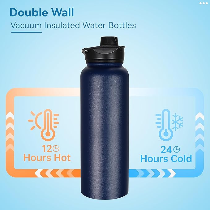 VEGOND 40 oz Insulated Stainless Steel Metal Water Bottle with Leak Proof Straw Lid & Spout Lid, Wide Mouth Double Walled Vacuum Travel Sports Bottle, Navy Blue