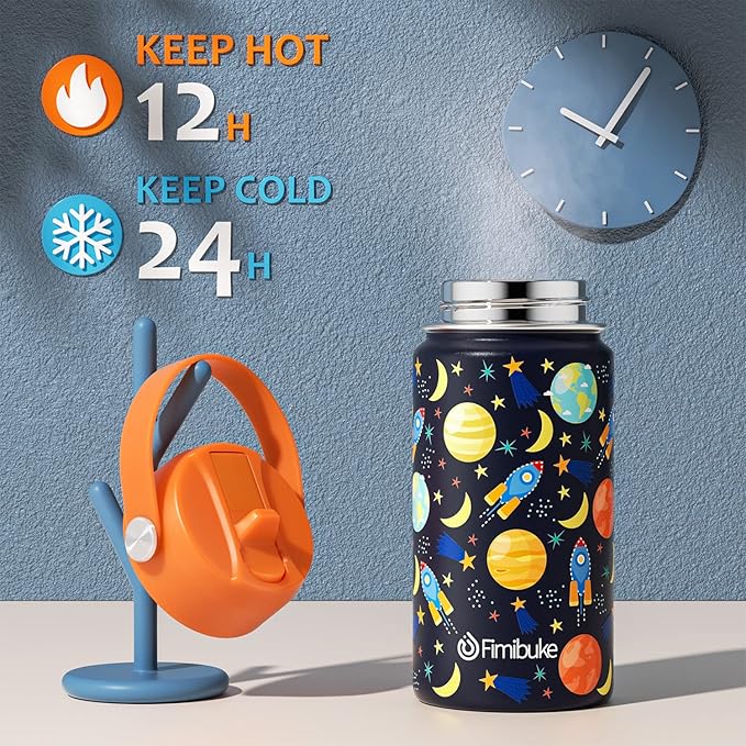 Fimibuke Kids Insulated Water Bottle, 14oz BPA FREE Double Wall Vacuum Tumbler 18/8 Stainless Steel Leak Proof Kids Cups with Straw Metal Water Bottle for School Boy Girl(2 Pack, SPACE/BLUE DINOSAUR)