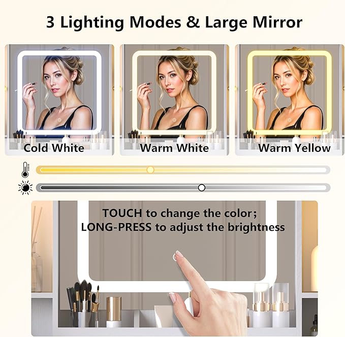 White Makeup Vanity Desk with Mirror & Lights, Modern Vanity Table with Charging Station, 7 Drawers, Glass Cabinet, Shelves & Cushioned Stool, Bedroom Dressing Table Set for Women & Girls