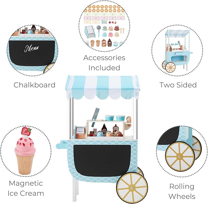 Teamson Kids My Little Helper Ice Cream Cart with Pretend Money, Colorful Magnetic Ice Cream Scoops and Chalkboard Panel, Blue/White