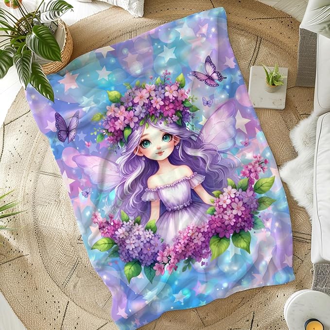 Fairy Blanket for Kids Girls Blankets Gift for Daughter Granddaughter, Cute Cozy Soft 50 x 40 Inches Fairy Theme Flannel Throws for Bed Travel Sofa Living Room