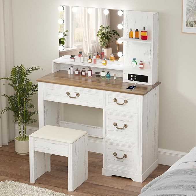 Farmhouse Vanity Desk with Lighted Mirror & Power Outlet, 39 inch Rustic Makeup Vanity Table with Drawers and Stool, Hollywood Mirror with Lights, White Dressing Table for Women Girls Gifts