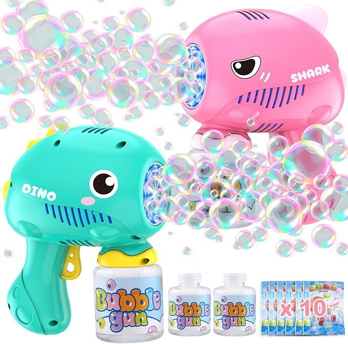 2 Pack Bubble Gun Machine for Kids, Automatic Light Up Bubble Blower with 2 Bottles 10 Bags Refill Solution, 10 Holes Bubble Guns Blaster for Toddlers, Outdoor Toys Gifts, Wedding Party Favor