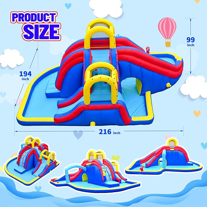 Inflatable Water Slide for Kids with 650W Blower, 2 Climbing Walls, 2 Slides, 2 Splash Pool, Basketball Hoop, Water Gun, 216 x 194 Inch Blow Up Water Slides for Backyard Blue