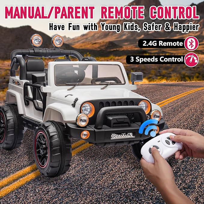 24V XL Kids Electric Ride on Truck Car 2 Seater Remote Control for Toddlers 2-8, 160W 2 Motors 5MPH Max Speed, Bluetooth USB Music Player, LED Lights Safety Belt, Gift for Boys Girls, White