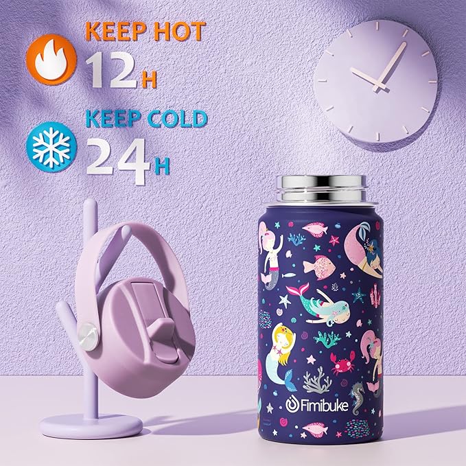 Fimibuke Kids Insulated Water Bottle, 14oz BPA FREE 18/8 Stainless Steel Travel Tumbler Double Wall Vacuum Leak Proof Kids Cup with Straw Metal Water Bottle for School Boys Girls(1 Pack, MERMAID)