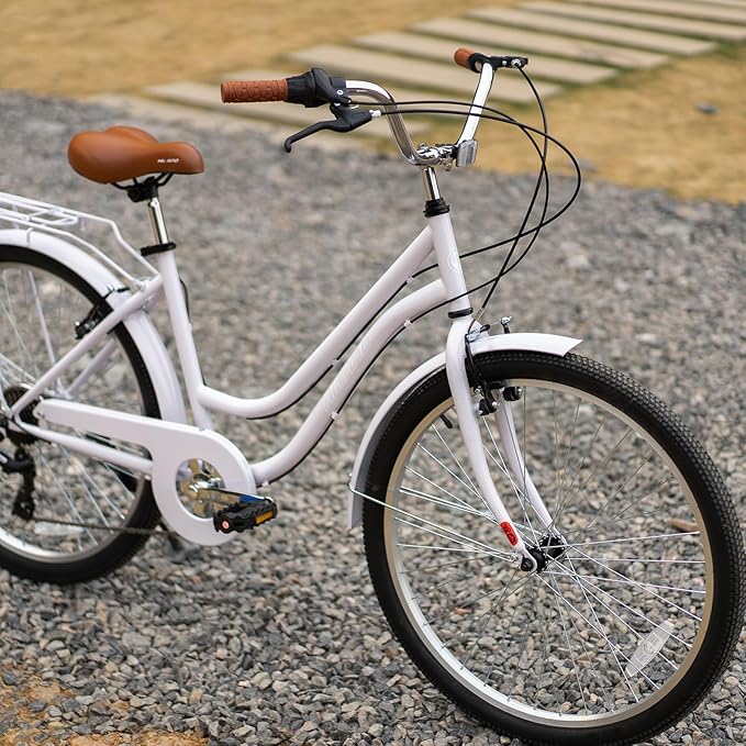 HILAND 26 inch Beach Cruiser Bike for Men and Women, 7 Speed Step-Through Frame Adult Bicycle with Rear Rack, Retrospec Bike Commuter City Bicycle