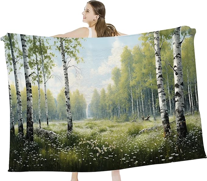 Forest Tree White Birch Landscape Throw Blanket for Women Men Girls Boys - Nature Scenery Decor Soft Warm Cozy Fleece for Couch Sofa Bed 60"x50"