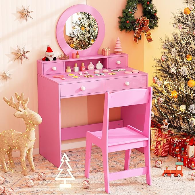 Costzon Kids Vanity, Princess Makeup Dressing Desk with Mirror and Stool, 4 Storage Drawers, Vanity Table and Chair Set for Little Girls (Pink)