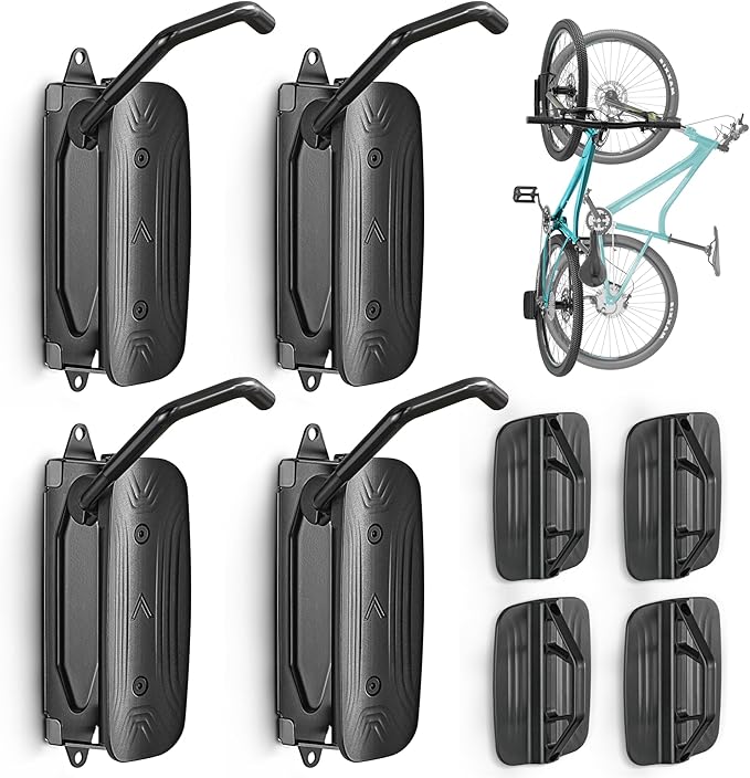 monTEK Swivel Bike Wall Mount, Bike Hangers for Garage, Space-Saving Vertical Bike Rack, Sturdy Bike Storage Rack Holds Up to 66lbs, Easy to Install, 4 Pack
