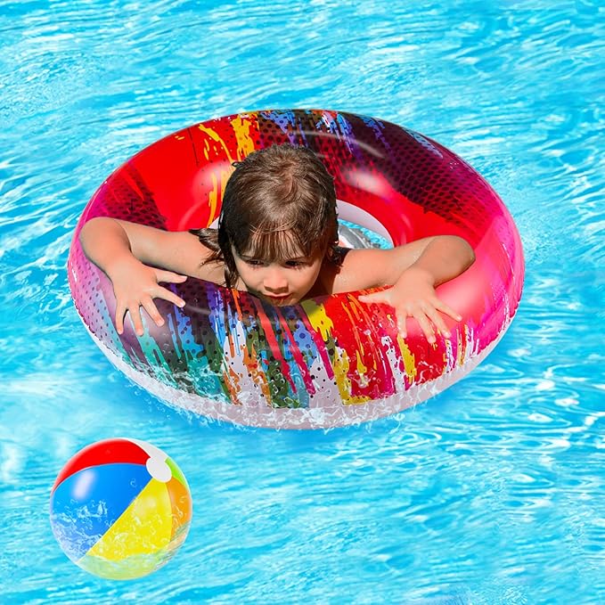 Parentswell 6PCS Big Pool Floats Tubes: Inflatable Pool Floats Swimming Rings with Beach Balls - Brightly Colored Pool Floaties Party Toys, Pool Toys for Kids Adults