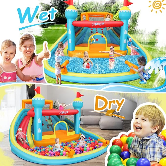 AKEYDIY Bounce House Water Slide, Inflatable Water Slide Park with with Long Slide, Pool, Climbing Wall, Water Gun for Outdoor, Blow up Water Slides Bounce House Castle for Kids Backyard Party Gifts