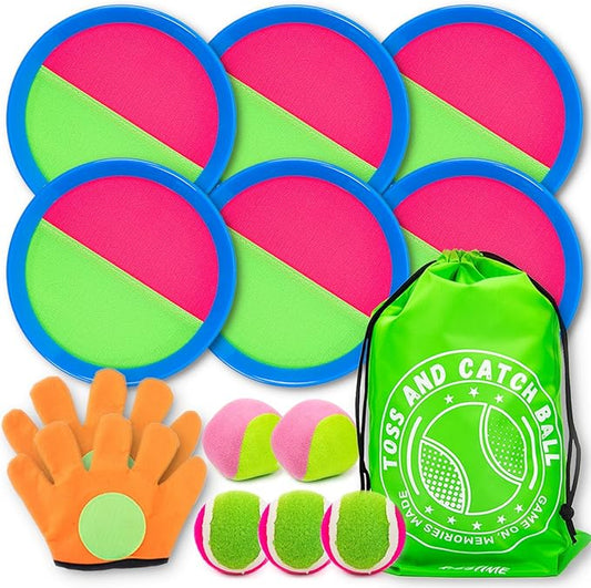 Toss and Catch Ball Set, Outdoor Games, Beach/Backyard/Lawn Games, Paddle Ball and Catch Game, Gifts for Kids/Adults/Family (6 Paddles, 4 Balls/Catching Gloves/Carrying Bag)