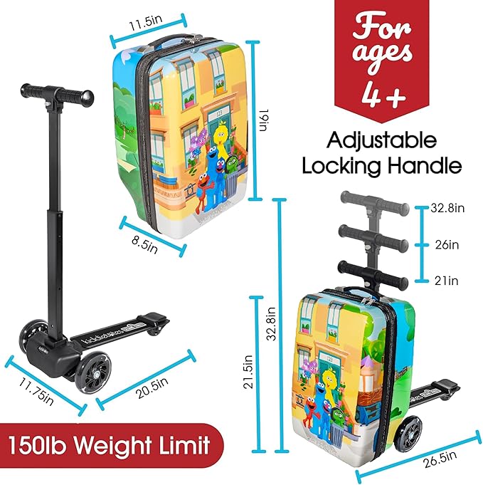 KIDDIETOTES Sesame Street 4-in-1 Detachable Scooter Luggage for Kids – Ride-On Suitcase with Removable Luggage Body, Adjustable Handlebar, Durable Deck & Brake – Carry-On Travel Bag