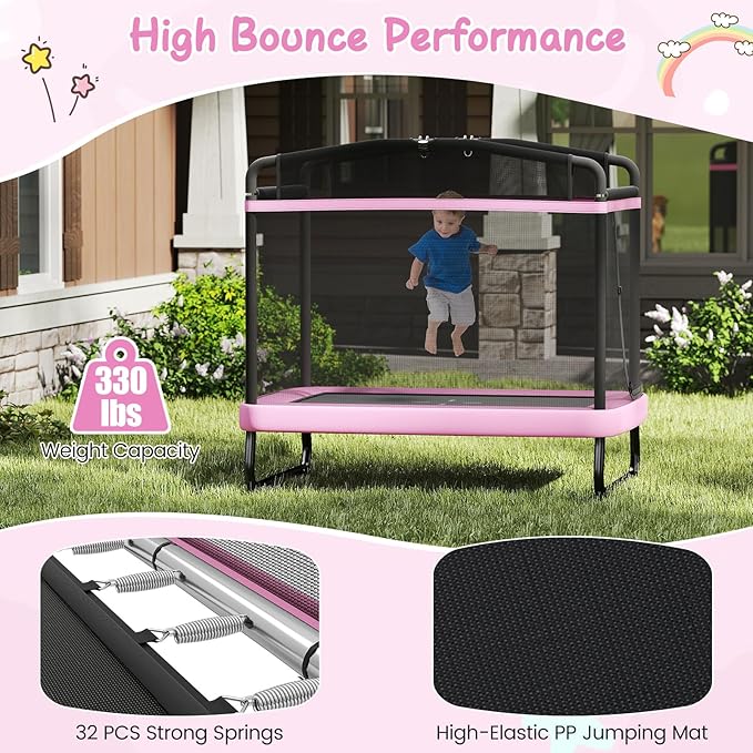 Goplus 6 x 4 FT Rectangle Kids Trampoline, Indoor Outdoor Recreational Trampoline with Swing, Gymnastics Bar & Safety Enclosure Net, ASTM Compliant Gift for Children Boys Girls