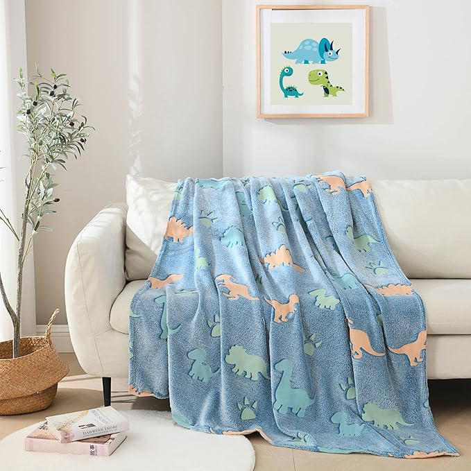 QSTEHEML Dinosaur Glow in The Dark Blanket,Dinosaur Gifts for Boys Age 3 4 5 6 7 8 9 10 11 12 Year Old, Soft Throw Blanket for Kids Boys- Christmas Birthday Bedroom Decor 50"×60"
