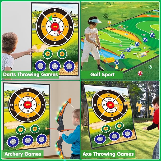 4 in 1 Golf Bow and Arrow Game Mat Set for Kids, Bow and Arrow for Kids with Target, Indoor Golf Games Chipping, Golf Club, 20 Sticky Balls, Toy Bow, 6 Felt Arrows,Outdoor Toys