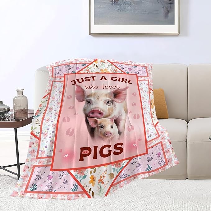 Cute Pig Blanket Just A Girl Who Loves Pigs Throw Blanket Ultra Soft Cozy Fleece Flower Animal Gift Fuzzy Plush Bedding Blankets for Kids Teens Adults Girls Boys Women Men 80"x60"