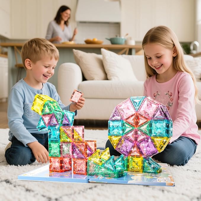 Large-Size Glitter Diamond Magnetic Tiles 60 Pcs Magnetic Block Set with Storage Box STEM Educational Sensory Toy Preschool Building Toy for Toddlers Christmas Kids Ages 2 3 4 5 6 7 8 9