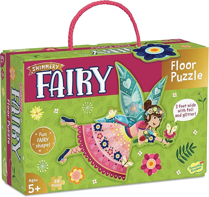Peaceable Kingdom Shimmer & Glitter Fairy Floor Puzzle – 50pc Giant Floor Puzzle for Kids Ages 5 & up – Fun-Shaped Puzzle Pieces – Great for classrooms