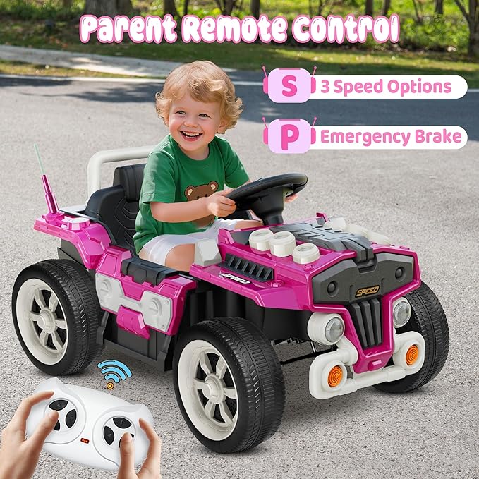 ANPABO 12V Ride On Truck Car with Remote Control, Kids Electric Car with Bluetooth Music, Horn, 3 Speeds, LED Lights, Soft Start, Ride on Toys for Toddler Boys & Girls (Pink)