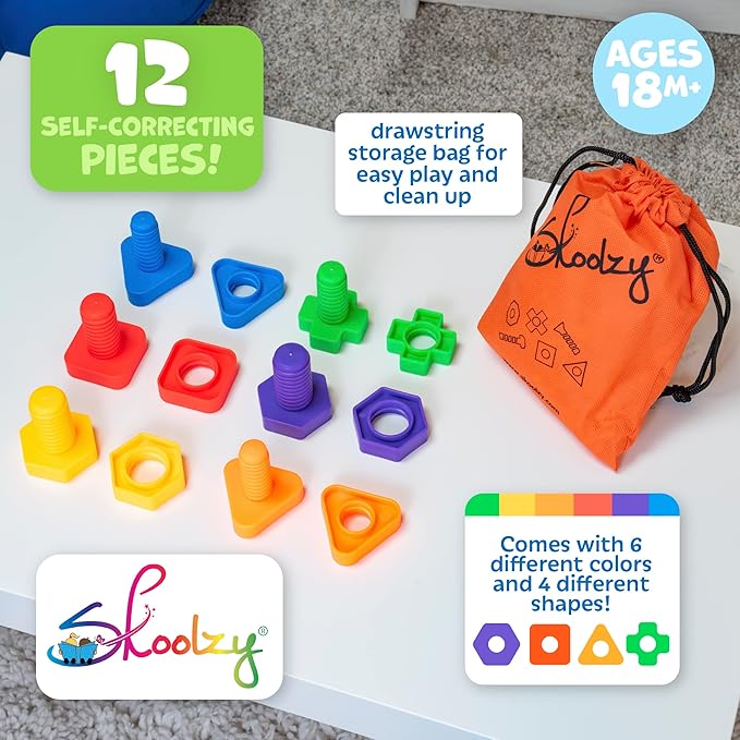 Skoolzy Plastic Nuts and Bolts 24 Piece Set - 6 pk - Kids Nuts and Bolts - Toddler Engineering Toys for 1-3 - Screw Toys for Toddlers with ebook